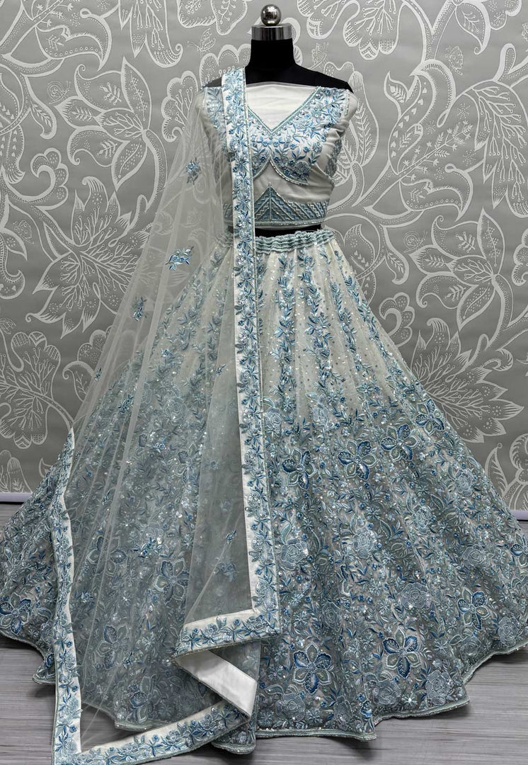 Sky Blue Net Wedding Lehenga Choli