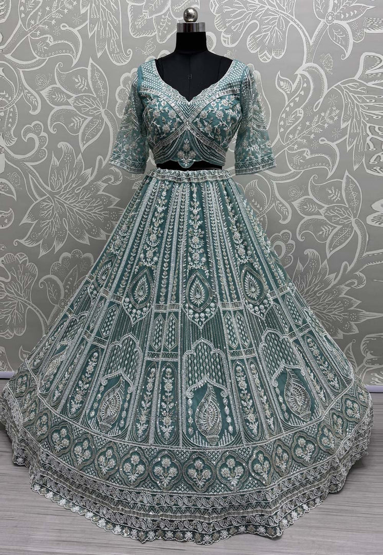 Sky Blue Net Wedding Lehenga Choli