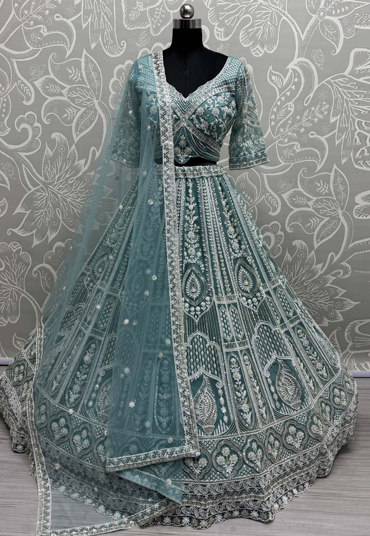 Sky Blue Net Wedding Lehenga Choli