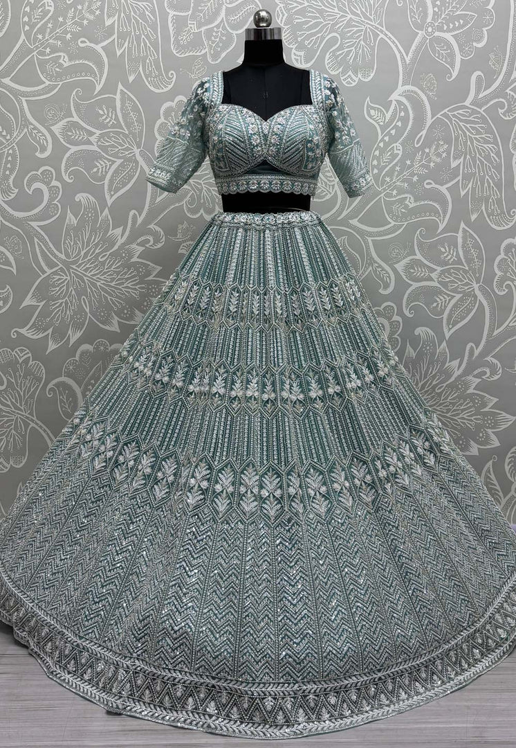 Sky Blue Net Wedding Lehenga Choli