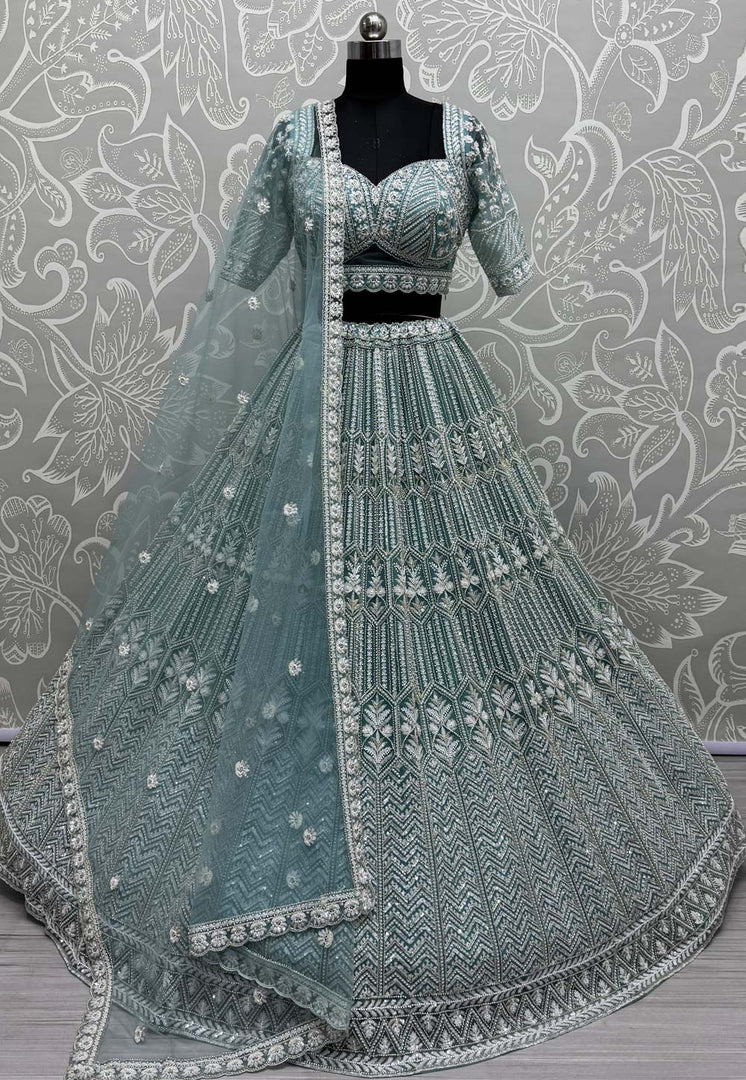 Sky Blue Net Wedding Lehenga Choli