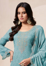 Load image into Gallery viewer, Sky Blue Organza Embroidered Palazzo Suit
