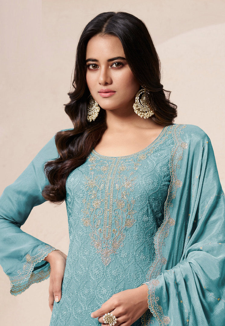 Sky Blue Organza Embroidered Palazzo Suit