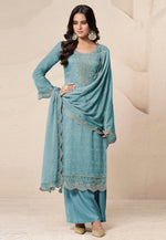 Load image into Gallery viewer, Sky Blue Organza Embroidered Palazzo Suit
