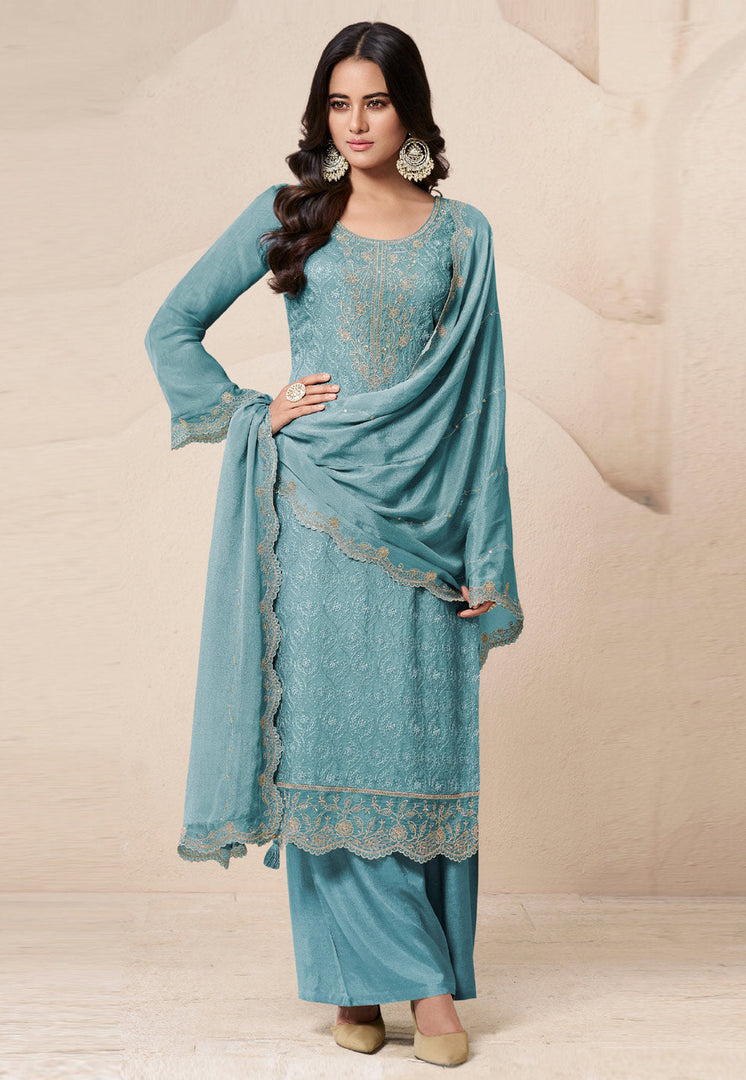 Sky Blue Organza Embroidered Palazzo Suit