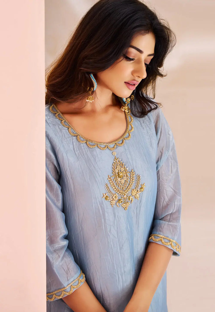 Sky Blue Organza Kurta Set With Pent