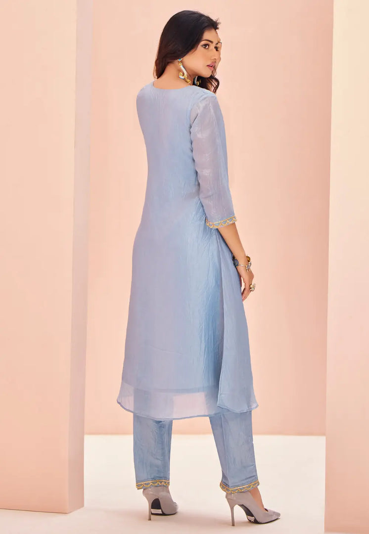 Sky Blue Organza Kurta Set With Pent