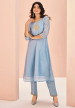 Load image into Gallery viewer, Sky Blue Organza Kurta Set With Pent
