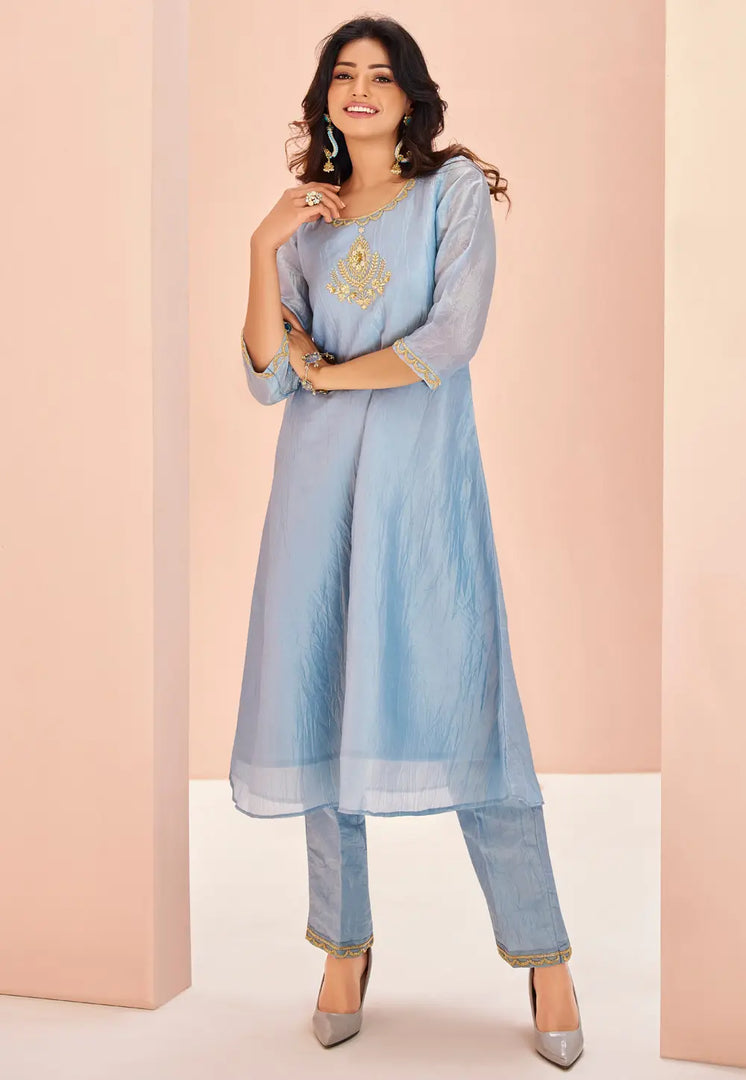 Sky Blue Organza Kurta Set With Pent