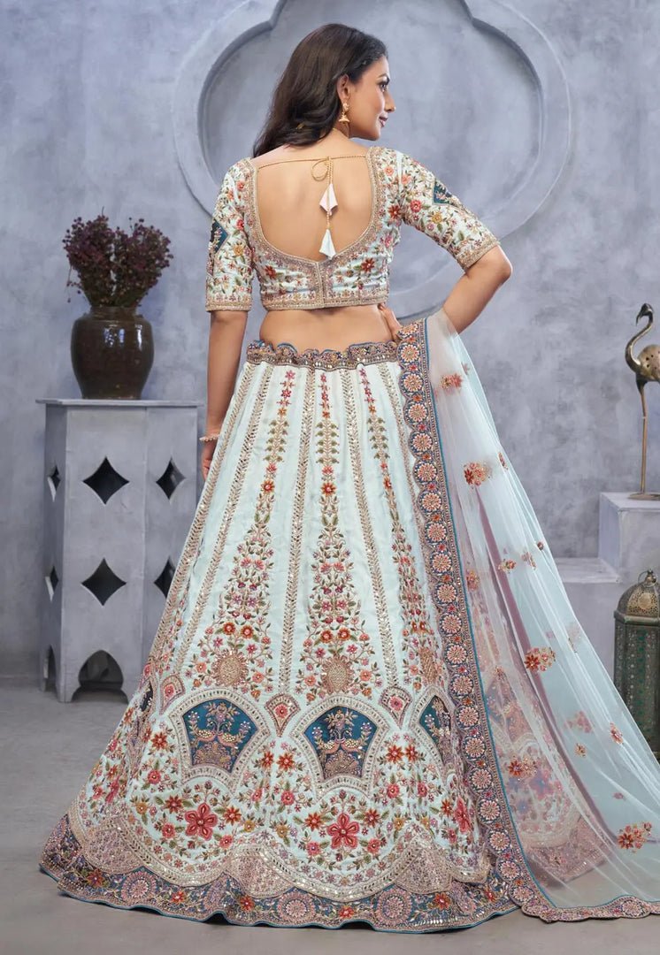 Sky Blue Organza Lehenga Choli For Wedding