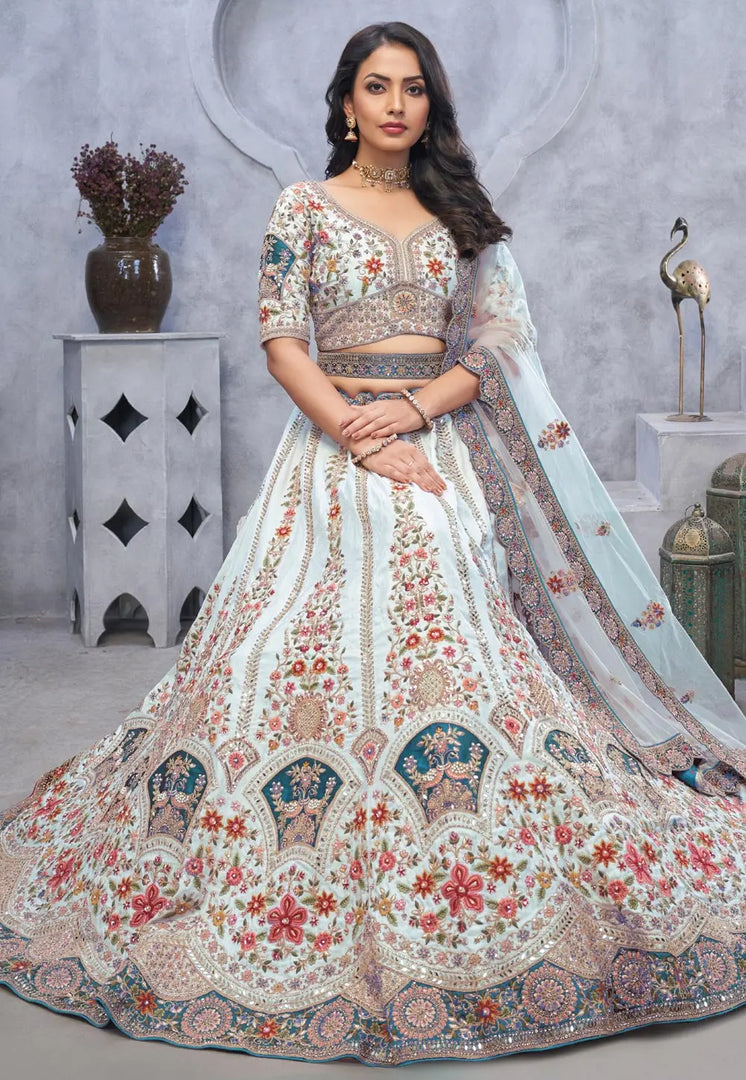 Sky Blue Organza Lehenga Choli For Wedding
