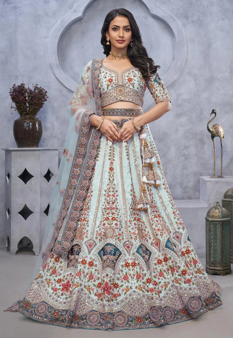 Sky Blue Organza Lehenga Choli For Wedding