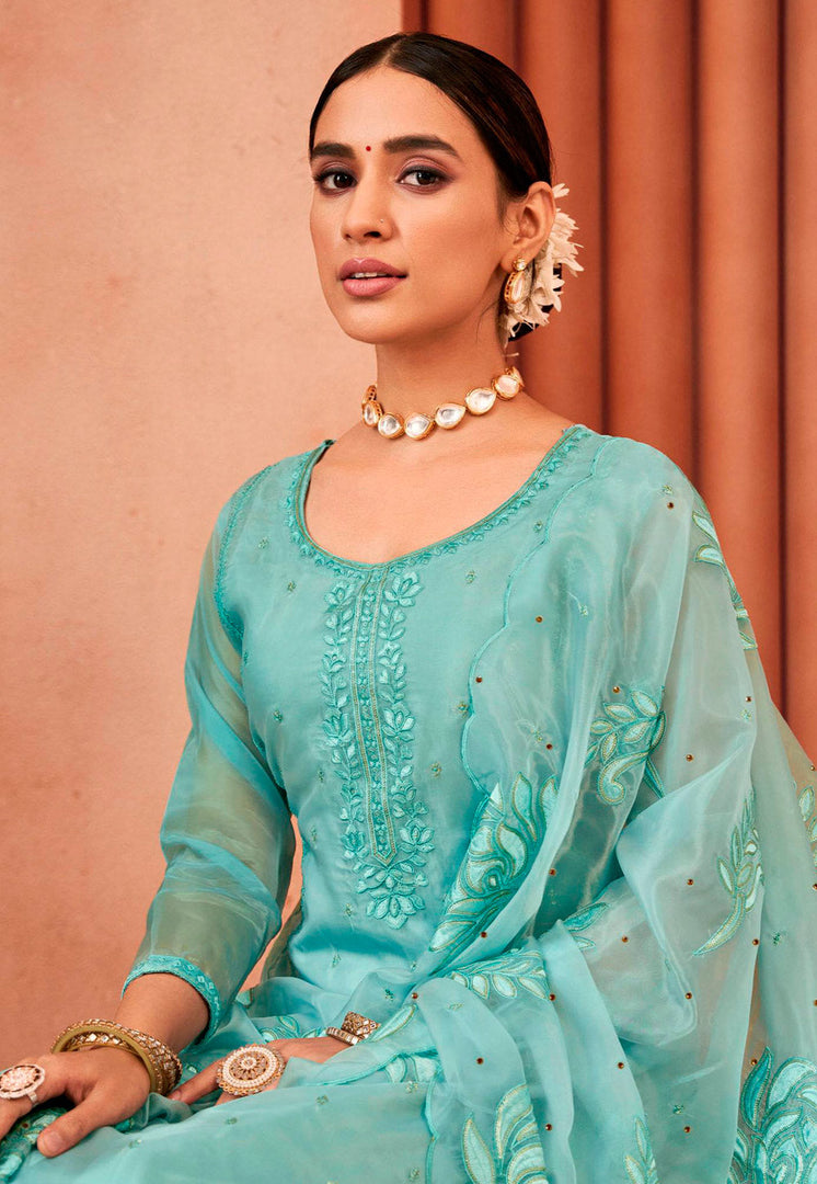 Sky Blue Organza Pakistani Suit