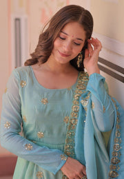 Sky Blue Organza Readymade Anarkali Suit