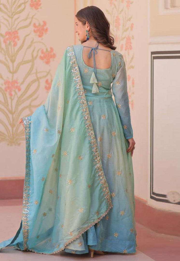 Sky Blue Organza Readymade Anarkali Suit