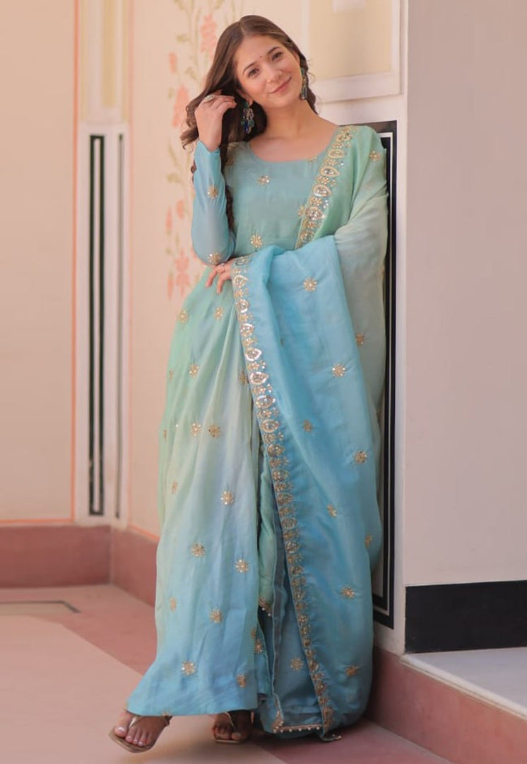 Sky Blue Organza Readymade Anarkali Suit