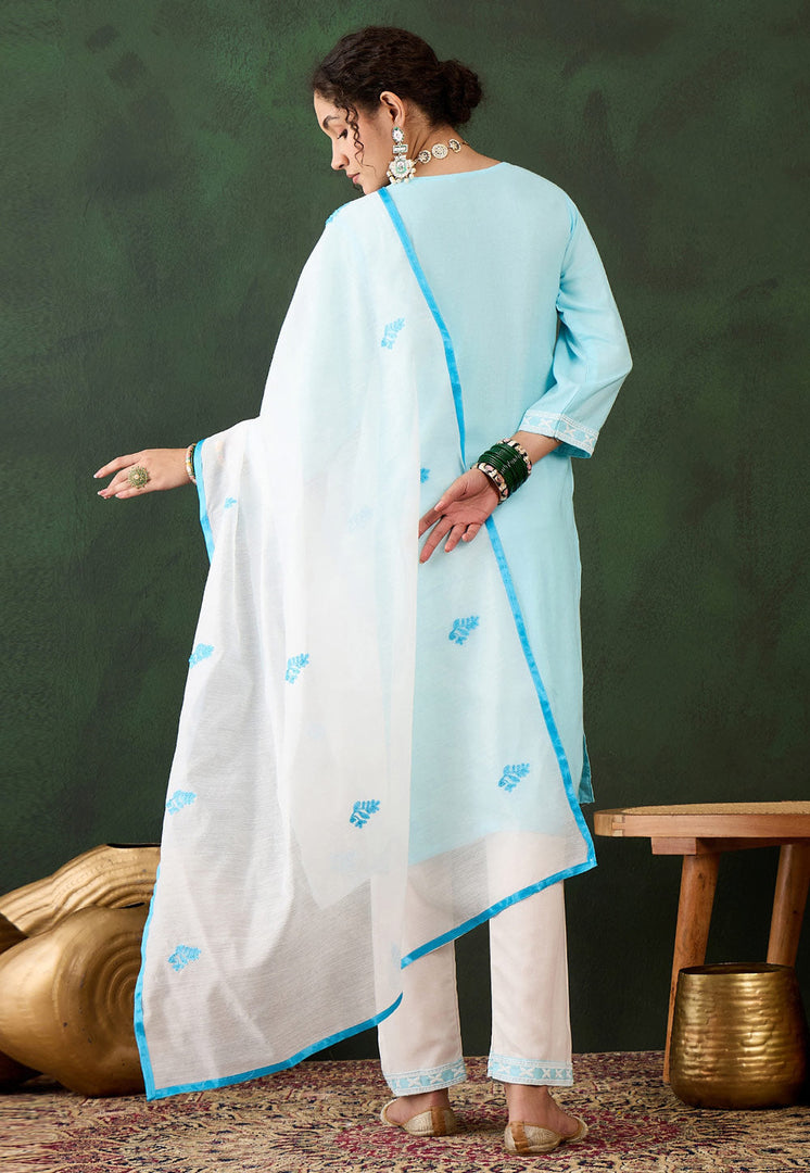 Sky Blue Rayon Readymade Pant Style Suit