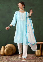 Load image into Gallery viewer, Sky Blue Rayon Readymade Pant Style Suit

