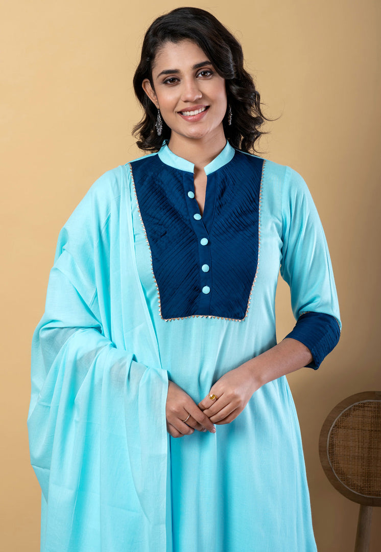 Sky Blue Rayon Readymade Pant Style Suit