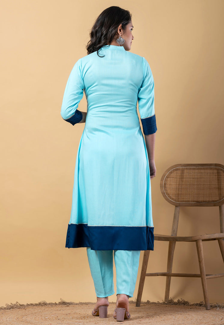 Sky Blue Rayon Readymade Pant Style Suit