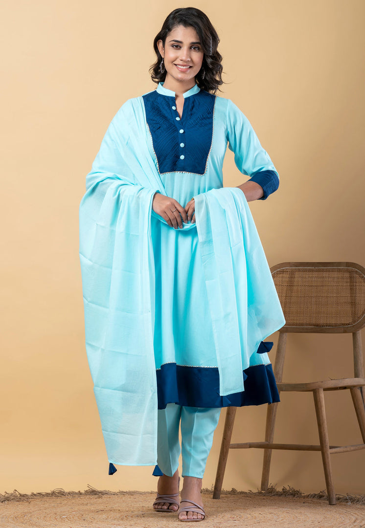 Sky Blue Rayon Readymade Pant Style Suit