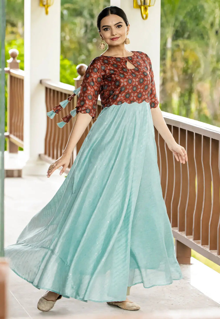 Sky Blue Satin Silk Gown