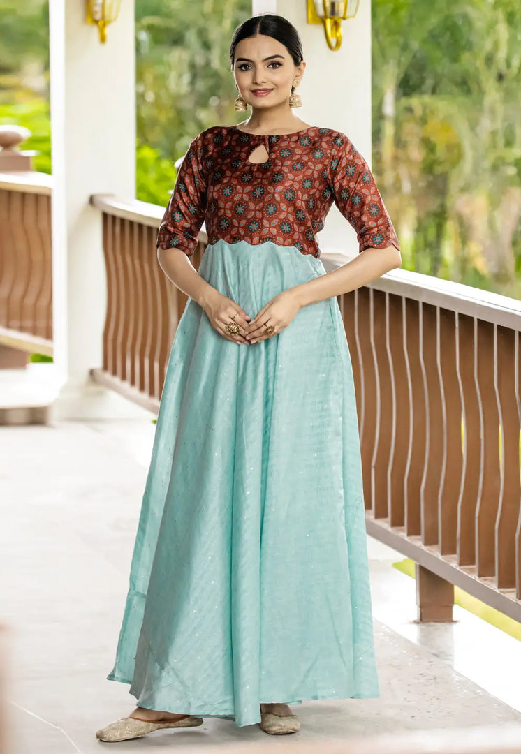 Sky Blue Satin Silk Gown
