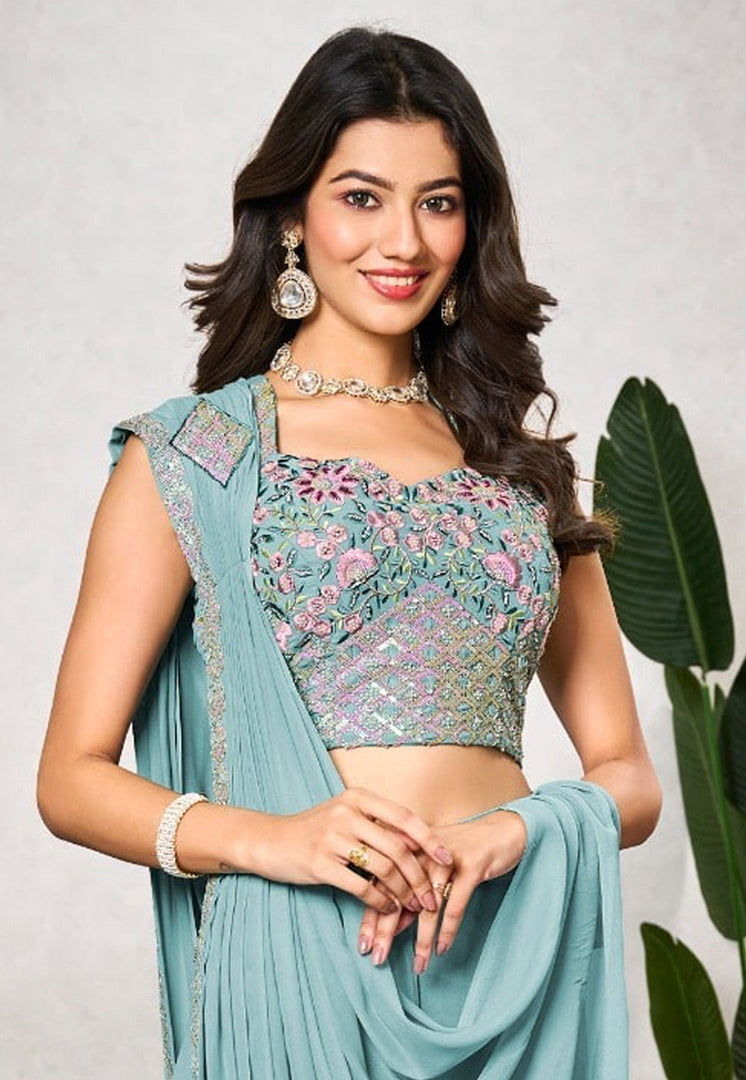Sky Blue Shimmer Georgette Saree With Blouse