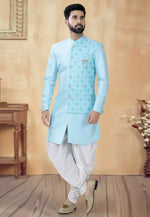 Load image into Gallery viewer, Sky Blue Silk Dhoti Sherwani
