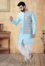 Load image into Gallery viewer, Sky Blue Silk Dhoti Sherwani

