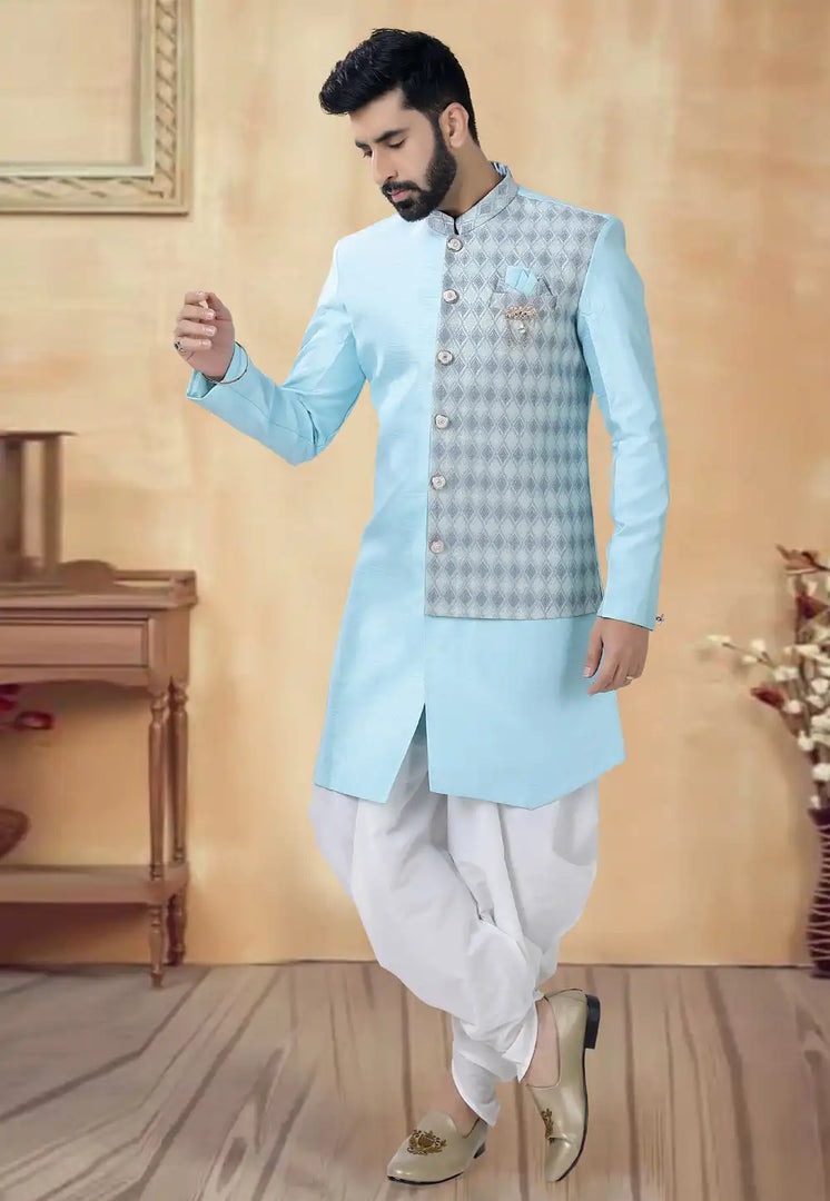 Sky Blue Silk Dhoti Sherwani