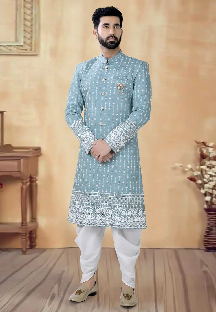 Sky Blue Silk Dhoti Sherwani