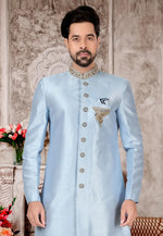 Load image into Gallery viewer, Sky Blue Silk Indo Western Sherwani
