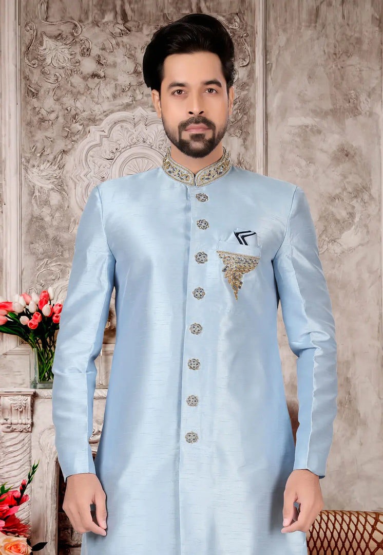 Sky Blue Silk Indo Western Sherwani