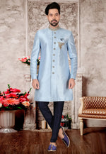 Load image into Gallery viewer, Sky Blue Silk Indo Western Sherwani
