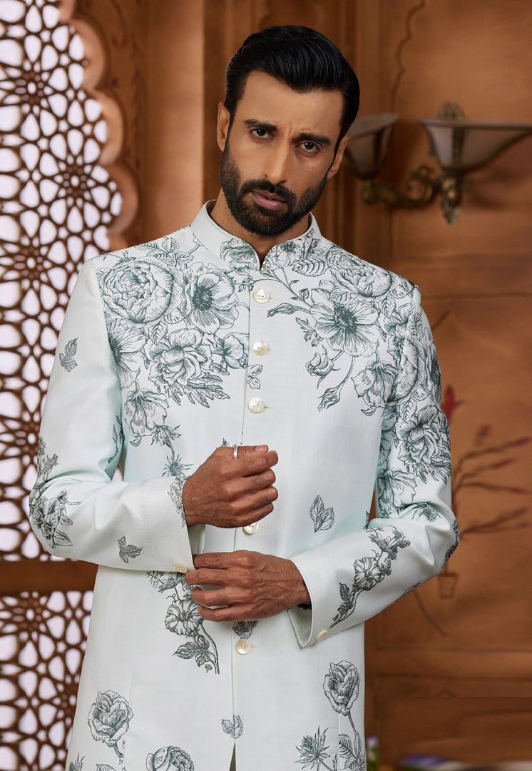 Sky Blue Silk Indo Western Sherwani
