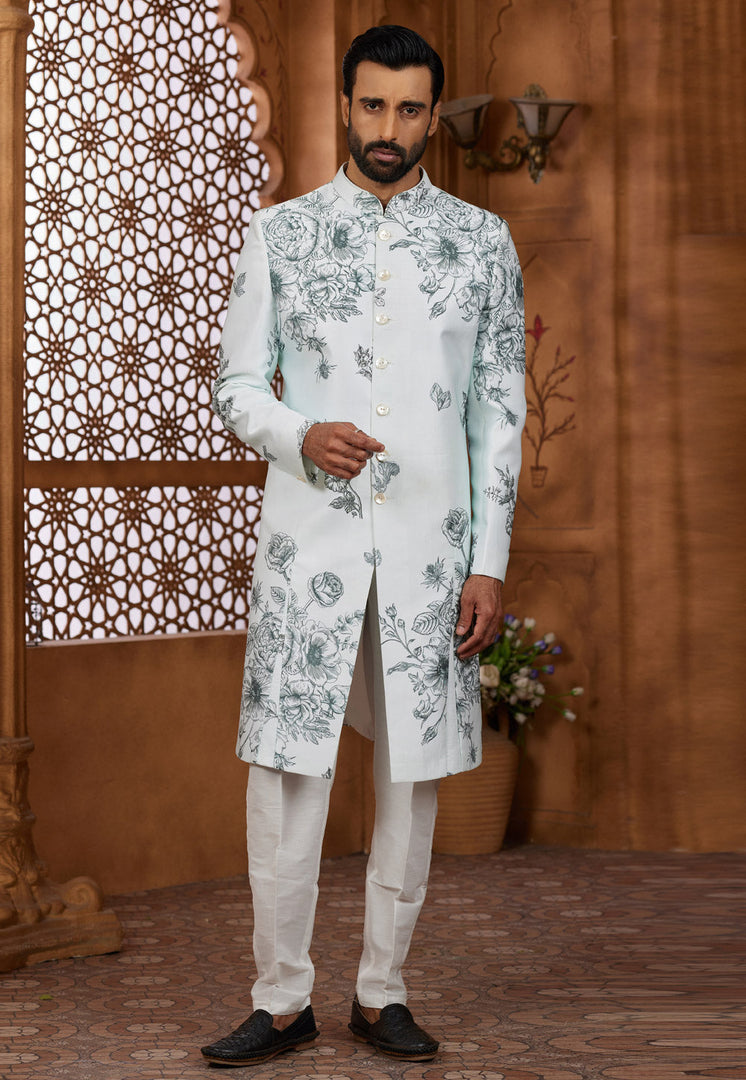 Sky Blue Silk Indo Western Sherwani