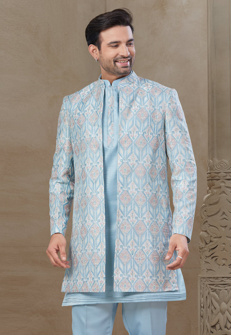 Sky Blue Silk Indo Western Suit