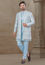 Load image into Gallery viewer, Sky Blue Silk Indo Western Suit
