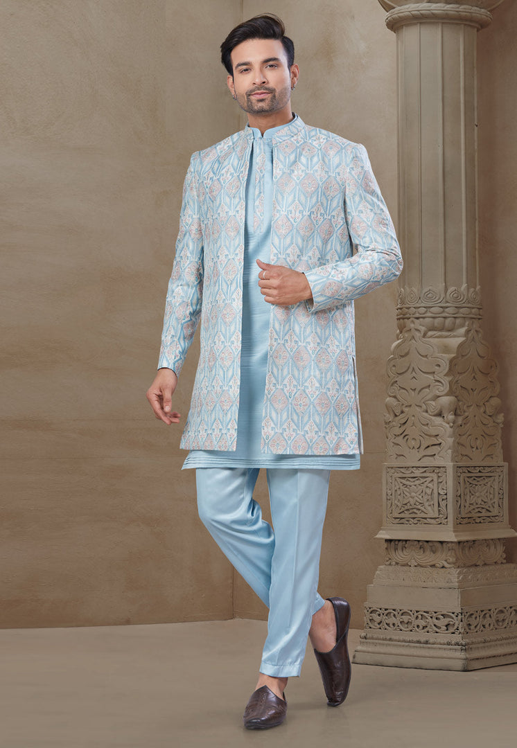 Sky Blue Silk Indo Western Suit