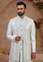 Load image into Gallery viewer, Sky Blue Silk Jacket Style Sherwani
