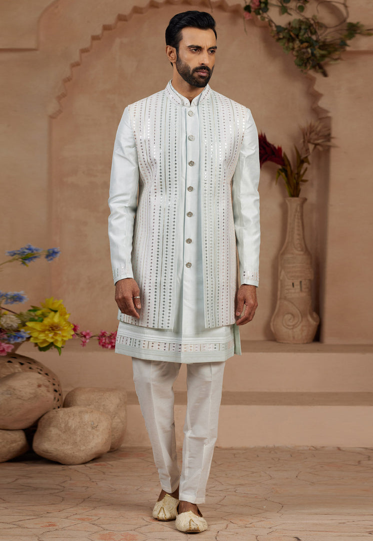 Sky Blue Silk Jacket Style Sherwani