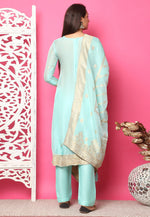 Load image into Gallery viewer, Sky Blue Silk Jacquard Pant Style Suit
