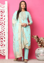 Load image into Gallery viewer, Sky Blue Silk Jacquard Pant Style Suit
