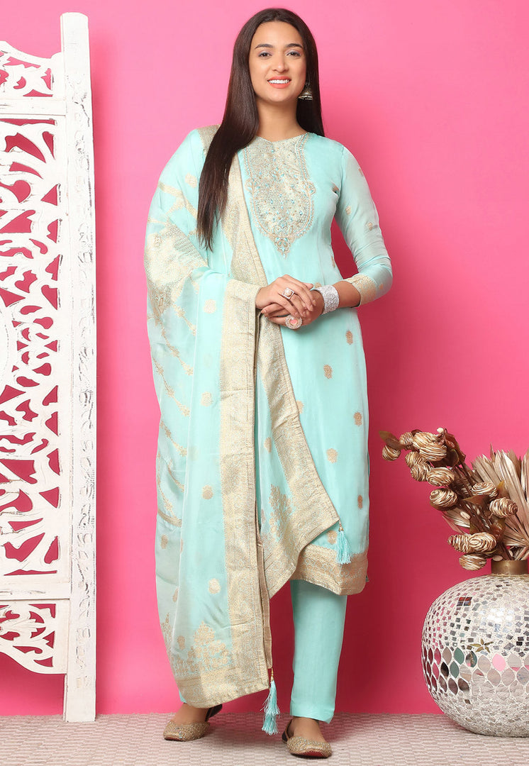 Sky Blue Silk Jacquard Pant Style Suit
