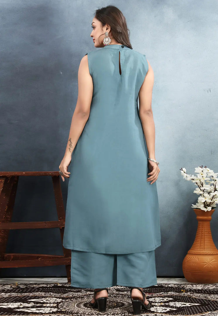 Sky Blue Silk Kurta Set With Palazzo