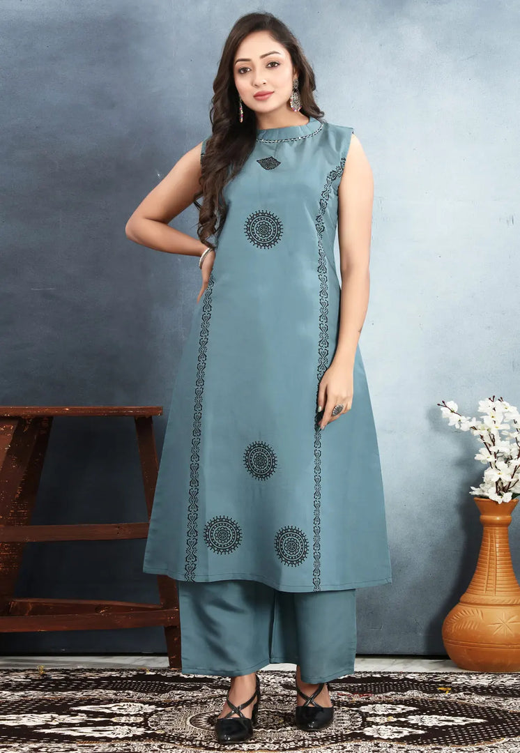 Sky Blue Silk Kurta Set With Palazzo