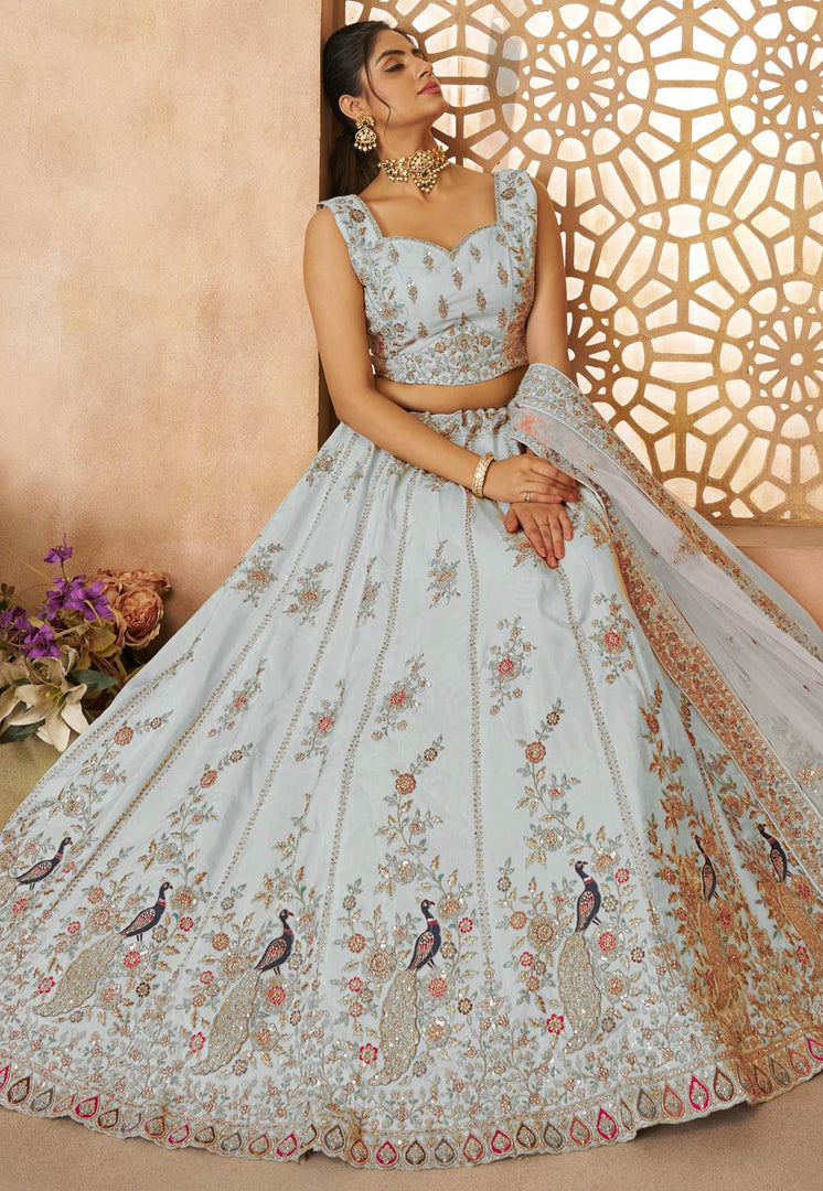 Sky Blue Silk Lehenga Choli For Wedding