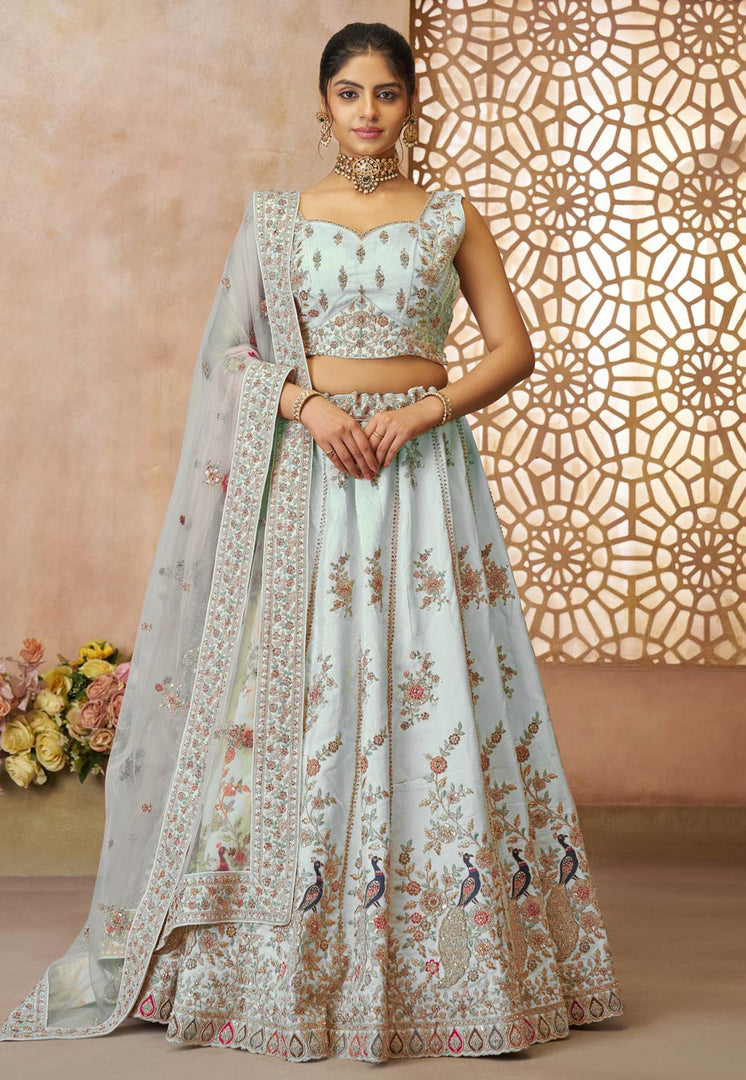 Sky Blue Silk Lehenga Choli For Wedding