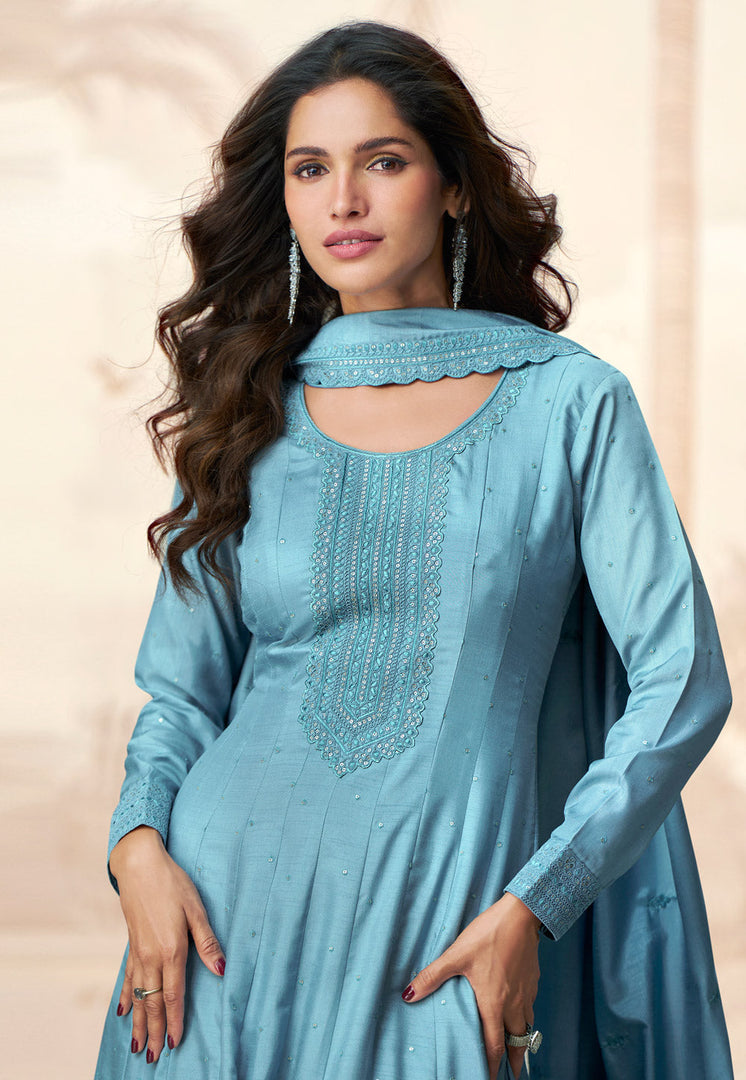 Sky Blue Silk Long Anarkali Suit